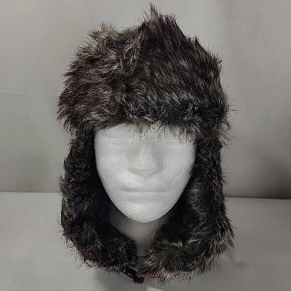 Earth Ragz Trapper Hat Brown Patchwork Faux Fur Ear Flaps Hunting Aviator Winter - Picture 1 of 12